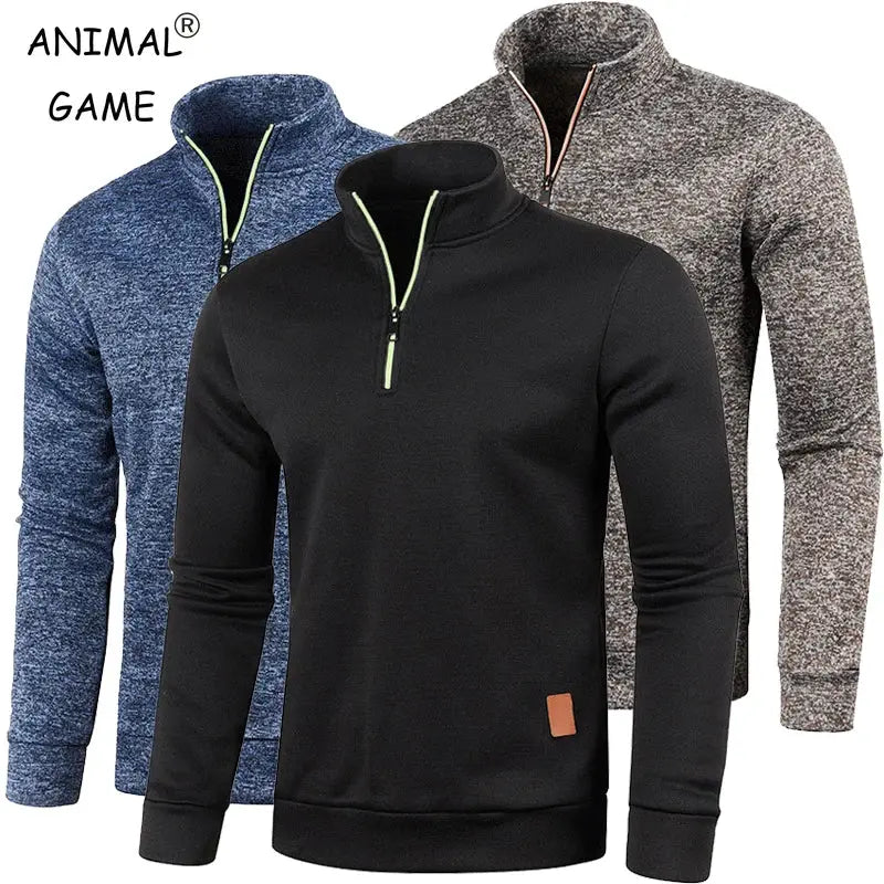 Autumn Men's Half Zip Sweatshirt With Turtleneck Long Sleeve Solid Color Streetwear Winter Warm Jacket