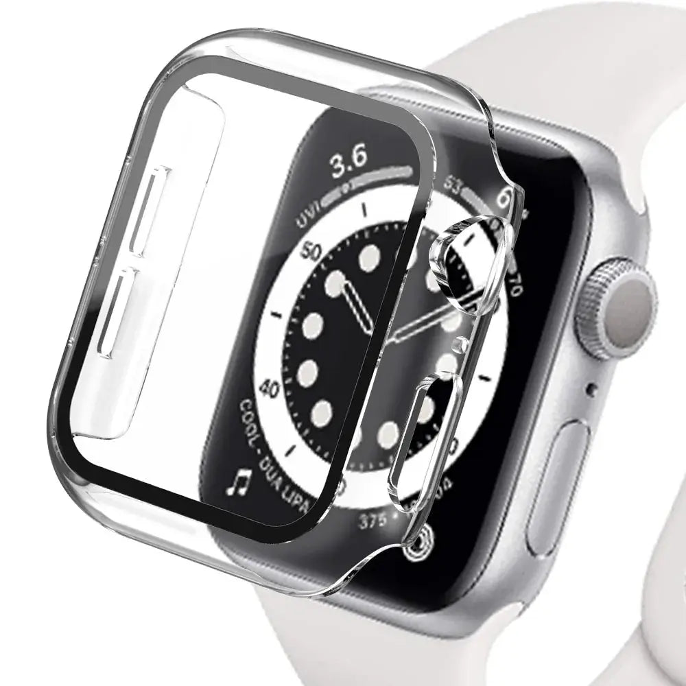 Apple Watch tempered glass screen protector with clear case by Simples Market, fits 40–45mm