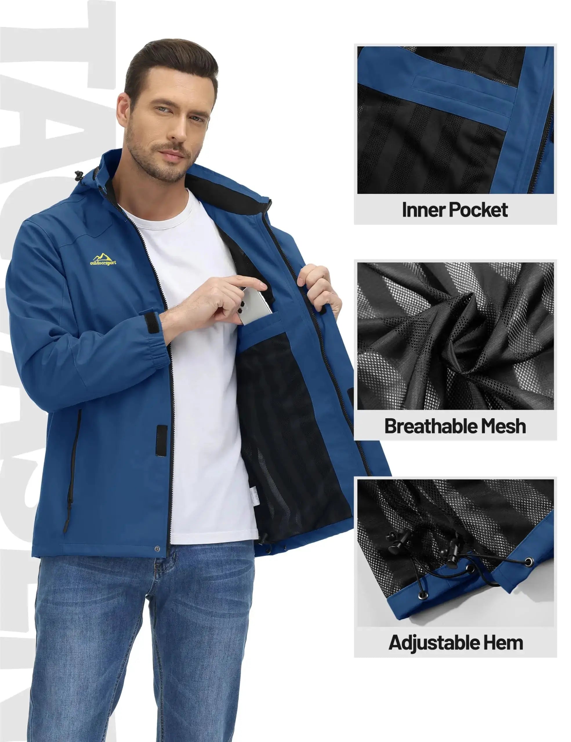 TACVASEN blue waterproof rain jacket with mesh lining, inner pocket and adjustable hem
