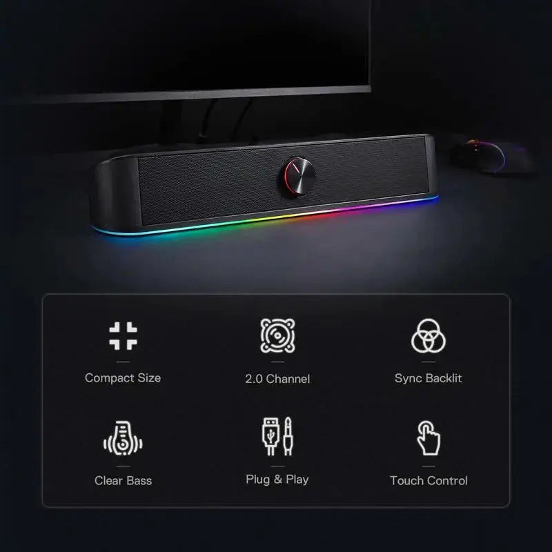 Redragon GS560 Adiemus RGB USB desktop soundbar, 2.0-channel PC speaker with RGB lighting bar and front knob.