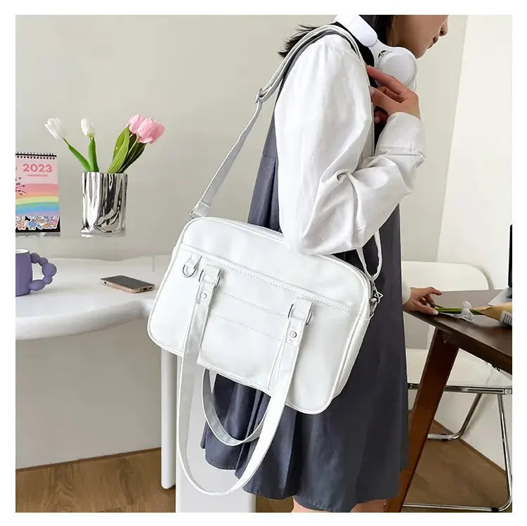 Japanese Style JK Bag white PU leather shoulder bag with dual handles and crossbody strap
