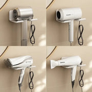 Hair dryer holder rack, white wall-mounted for bathroom storage, shown in four configurations
