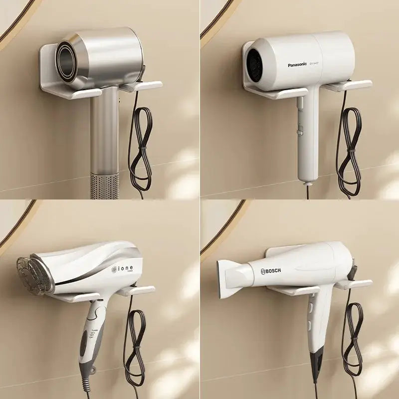 Hair dryer holder rack, white wall-mounted for bathroom storage, shown in four configurations