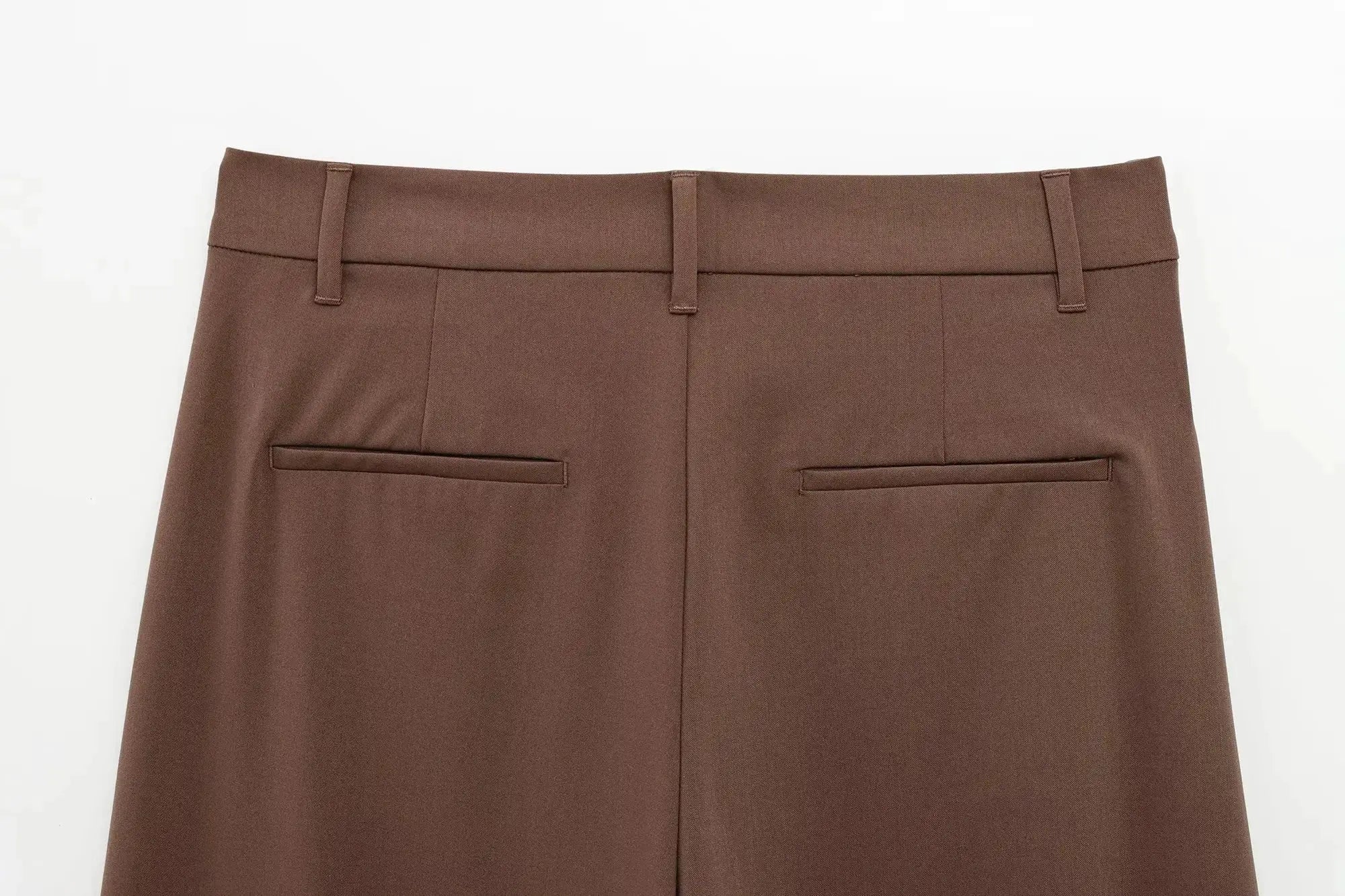 Brown women's suit pants with belt loops and back welt pockets