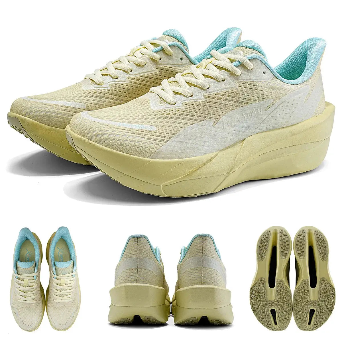 IRUNSVAN carbon fiber running sneakers; beige mesh upper, teal lining, thick platform sole, unisex by Simples Market