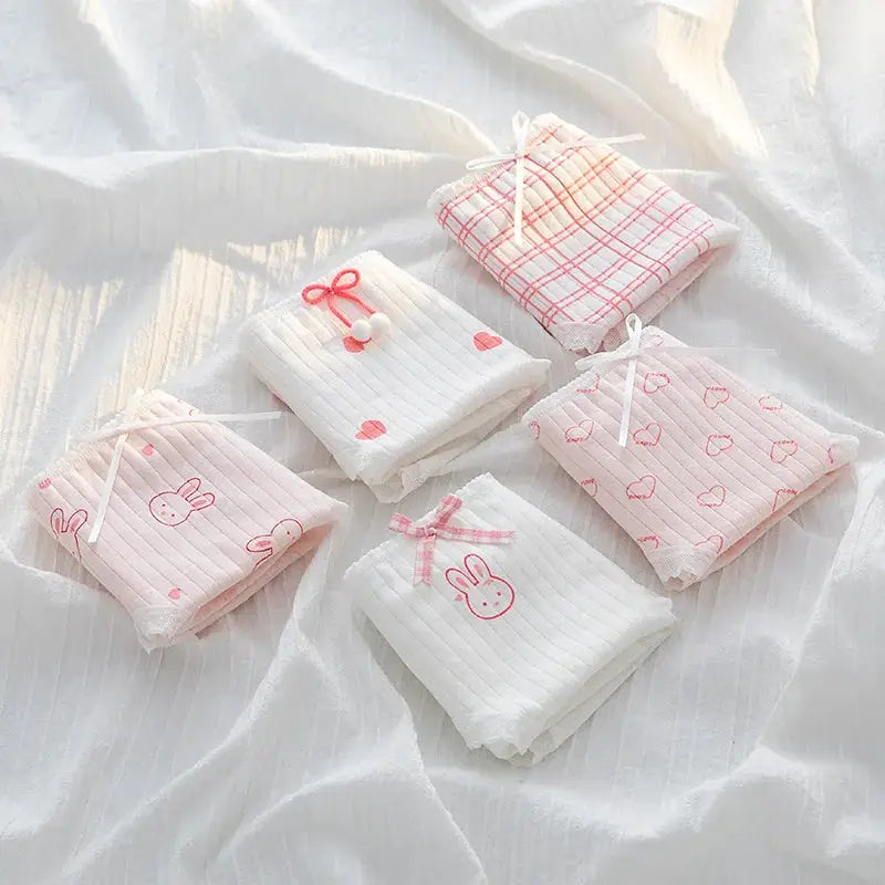 5-pack cotton underwear set with cute bow accents; pink and white panties for girls and women with bunny prints