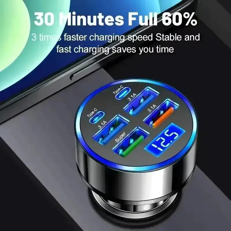 VoltForge 300W 6 Port Car Charger With USB C PD And QC3 Fast Charging Digital Display Road Ready Power Hub