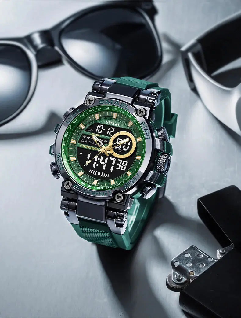 SMAEL 8141 men's digital sport watch with green TPU strap and alloy case; multifunctional, 50M water resistant