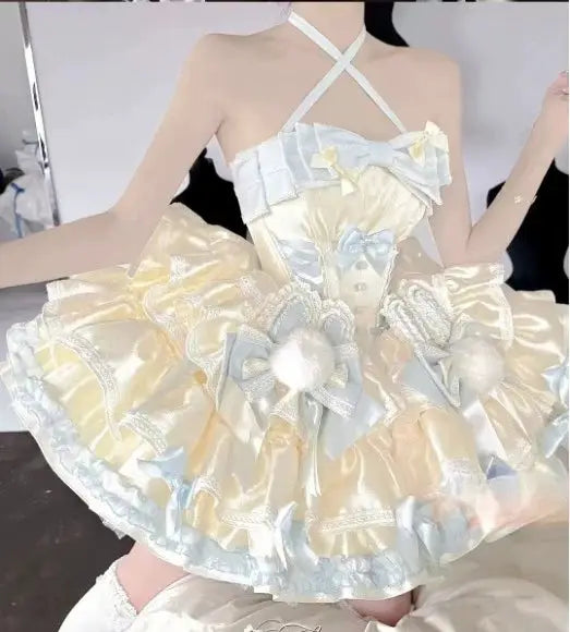 Girls Birthday Lolita Dress Tube Top Satin Bowknot Pettiskirt Mini