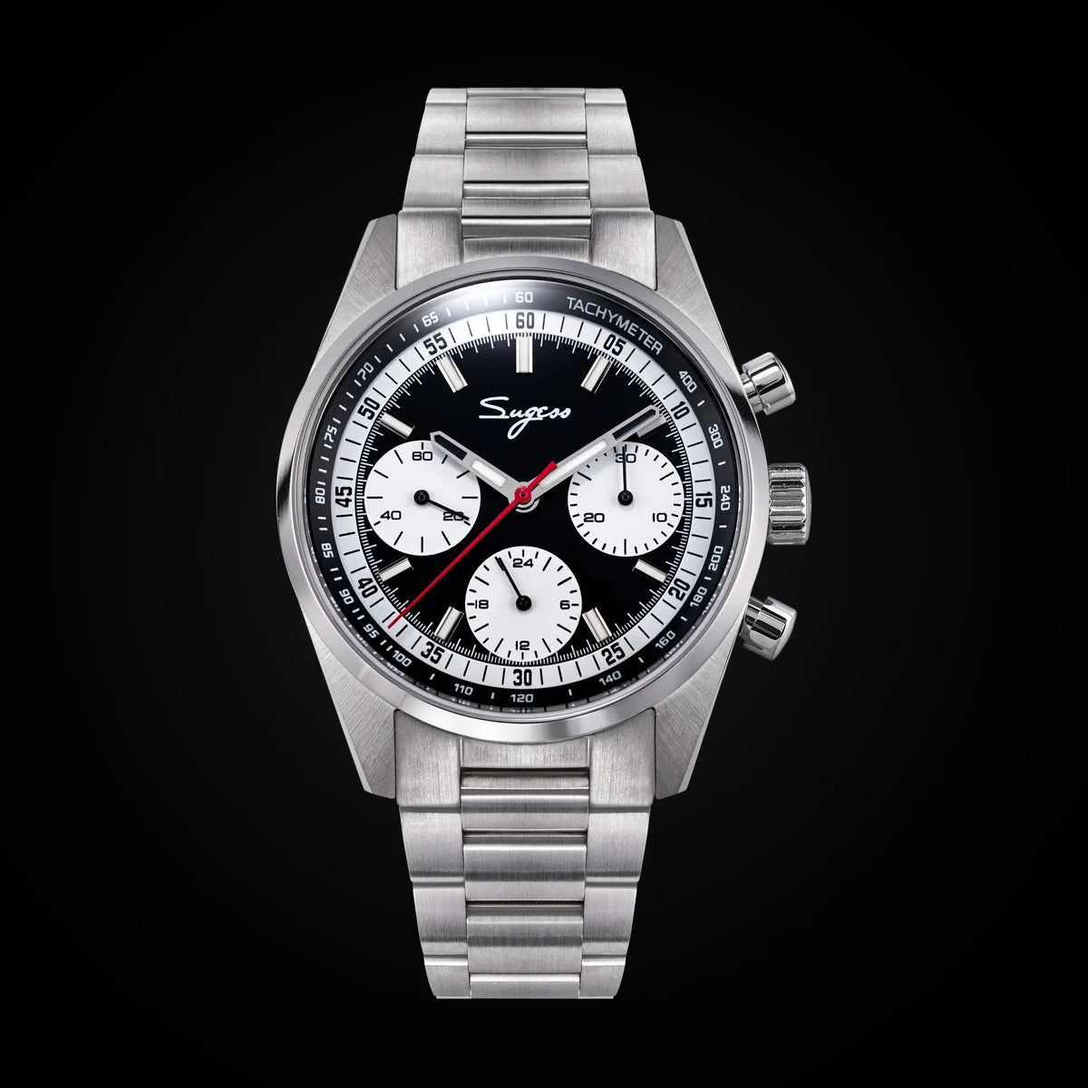 Sugess men’s chronograph watch with stainless steel bracelet, black dial and white subdials