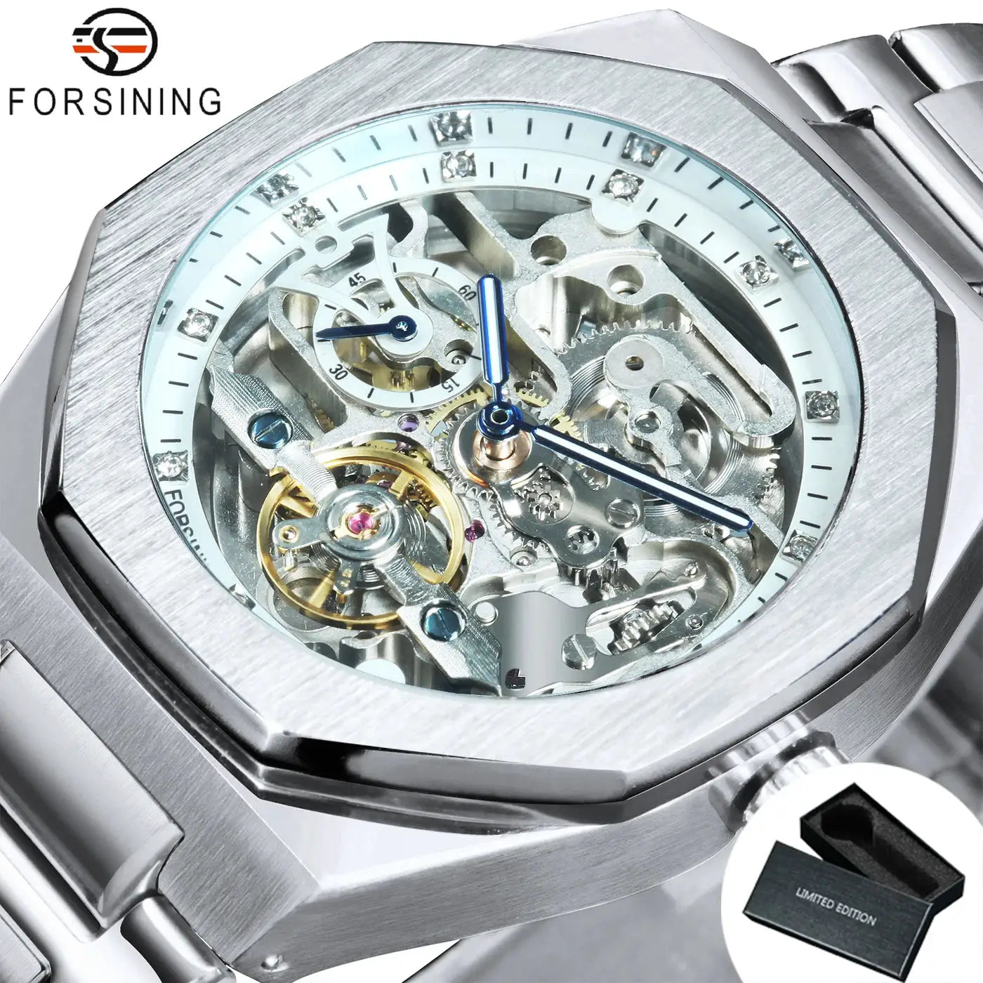 Forsining skeleton automatic men's wristwatch with stainless steel strap and luminous blue hands