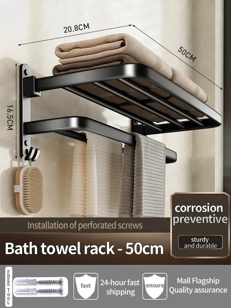Bath towel rack by Simples Market, folding aluminum, black finish, 50cm wide.