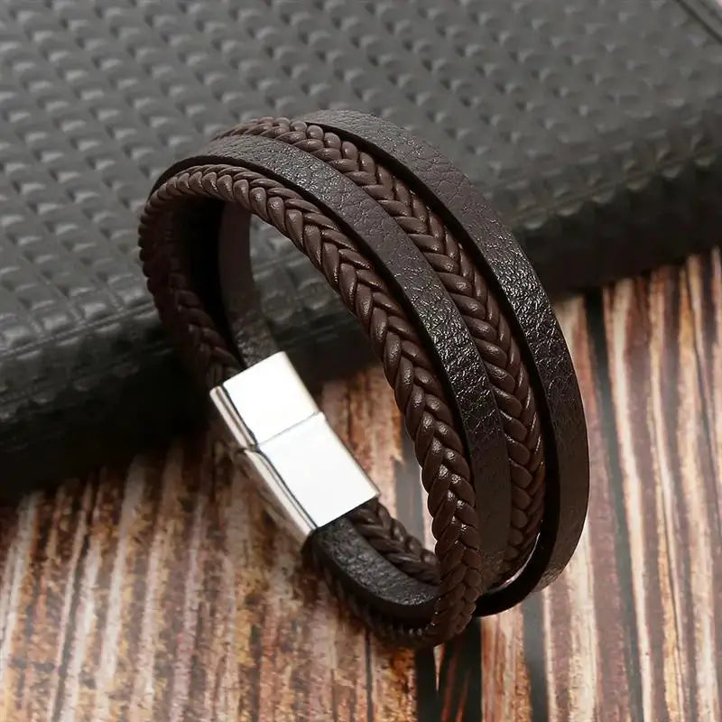 Classic Mens Leather Bracelet Hand Woven Multi Layer Style Fashion Jewelry For Men Durable Casual Accessory