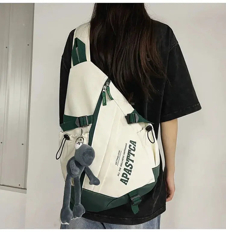 New Y2k nylon crossbody bag, white with green straps, APASTIGA print, with grey plush keychain