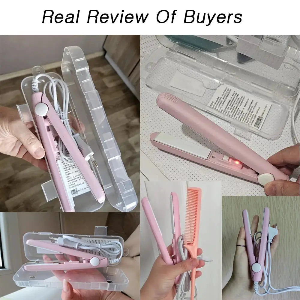 Pink ceramic flat iron hair straightener with floating plates in a clear plastic case.