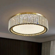 Light Luxury Crystal Ceiling Lamp by Simples Market, circular gold frame with hanging crystal strands.