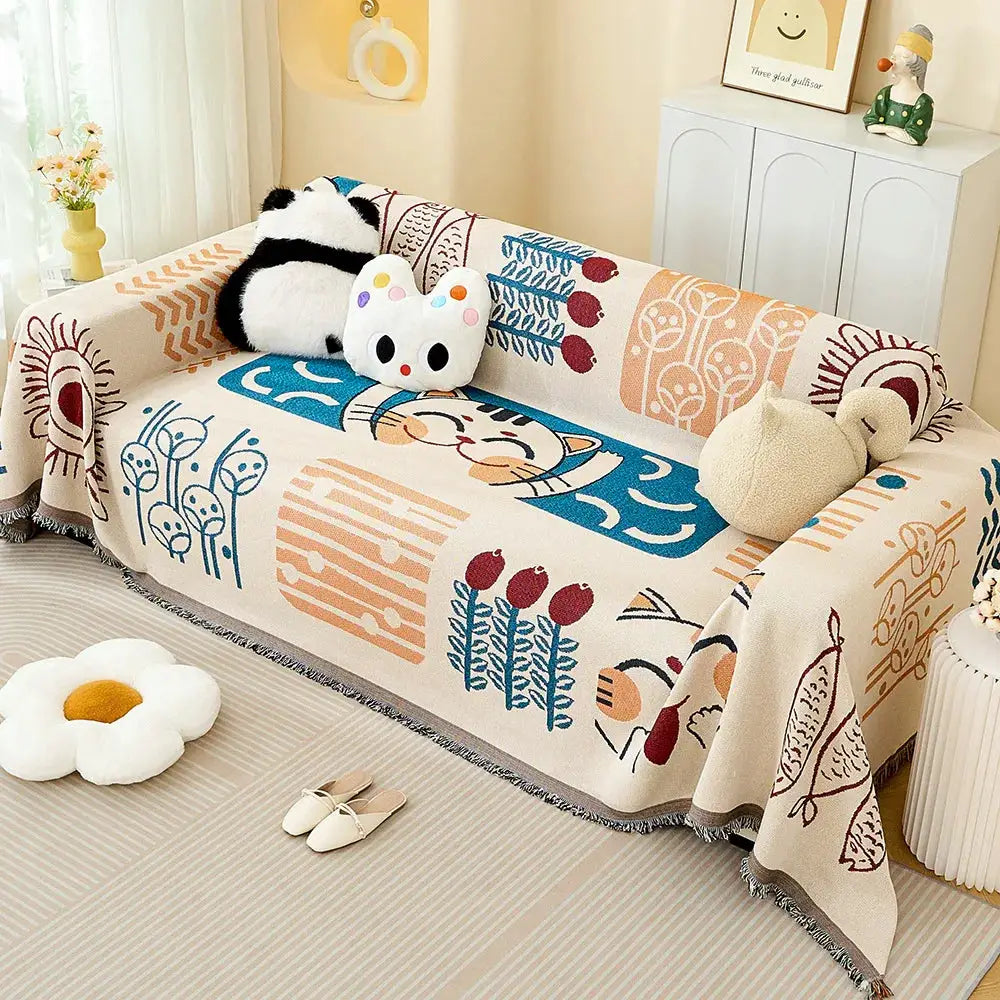 Sofa throw blanket in cream with colorful abstract patterns, fully covering a sofa for all-season coziness