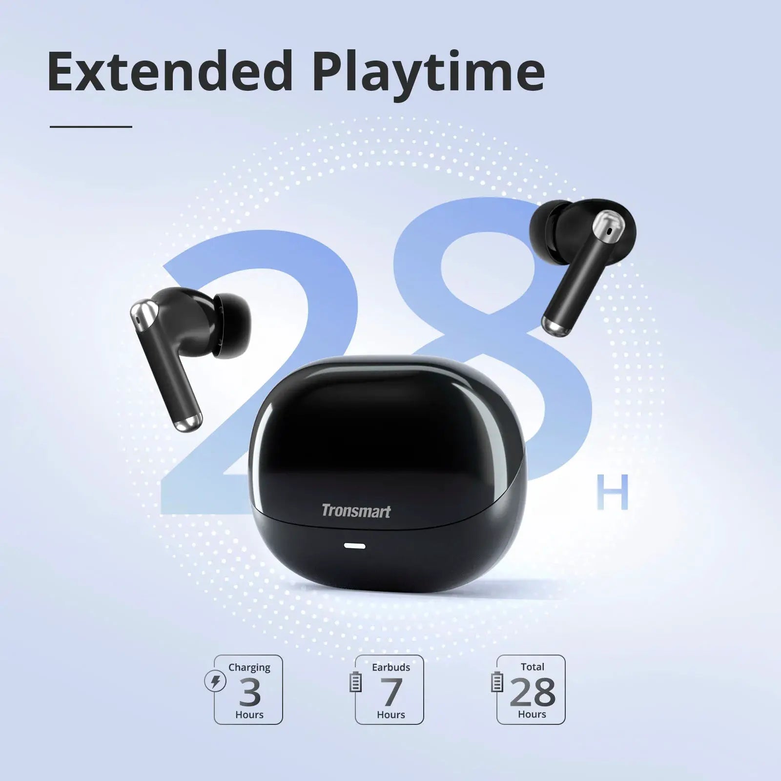 Tronsmart black wireless earphones with charging case, 28 hours total playtime