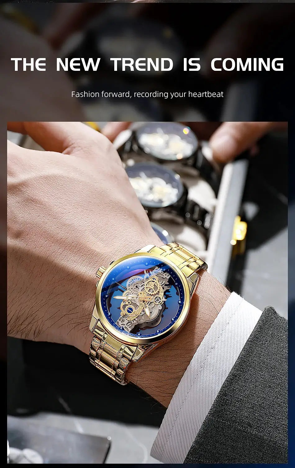 Men's gold skeleton automatic wristwatch by Simples Market with blue dial and gold bracelet