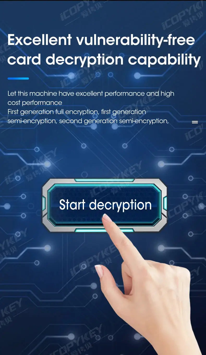 NFC smart card reader writer RFID copier on blue circuit background with a hand pressing a Start decryption button