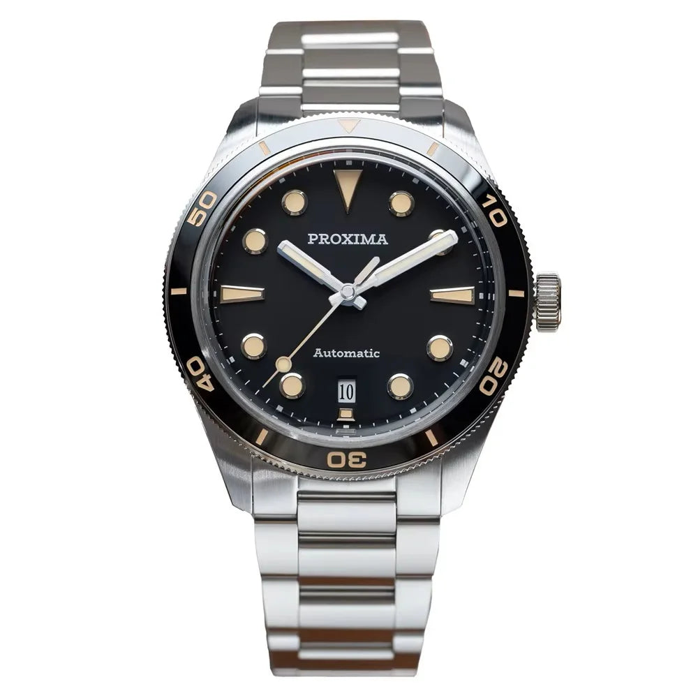 Proxima PX1697 men's 39mm automatic watch with black dial, stainless steel bracelet, gold-tone bezel, date window