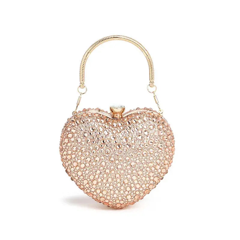 Heart-shaped gold-tone crystal rhinestone clutch purse with top handle for evening events