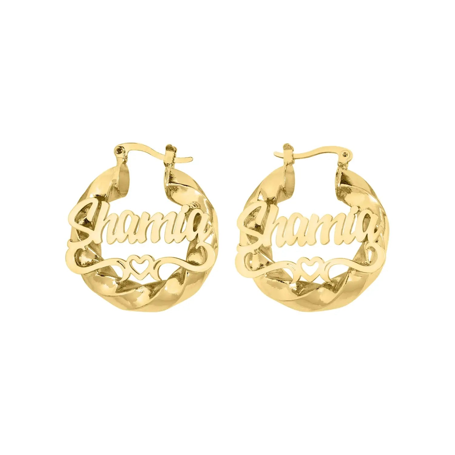 Pair of gold-tone name hoop earrings with twisted circular hoops featuring the name Shania