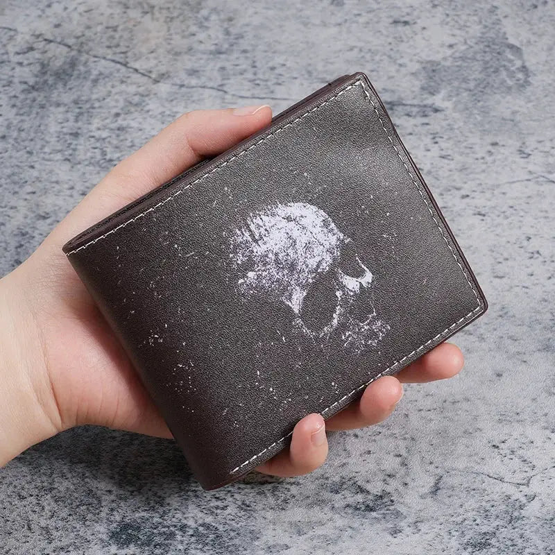 Wallet with skull print, dark brown faux leather, short bi-fold coin purse
