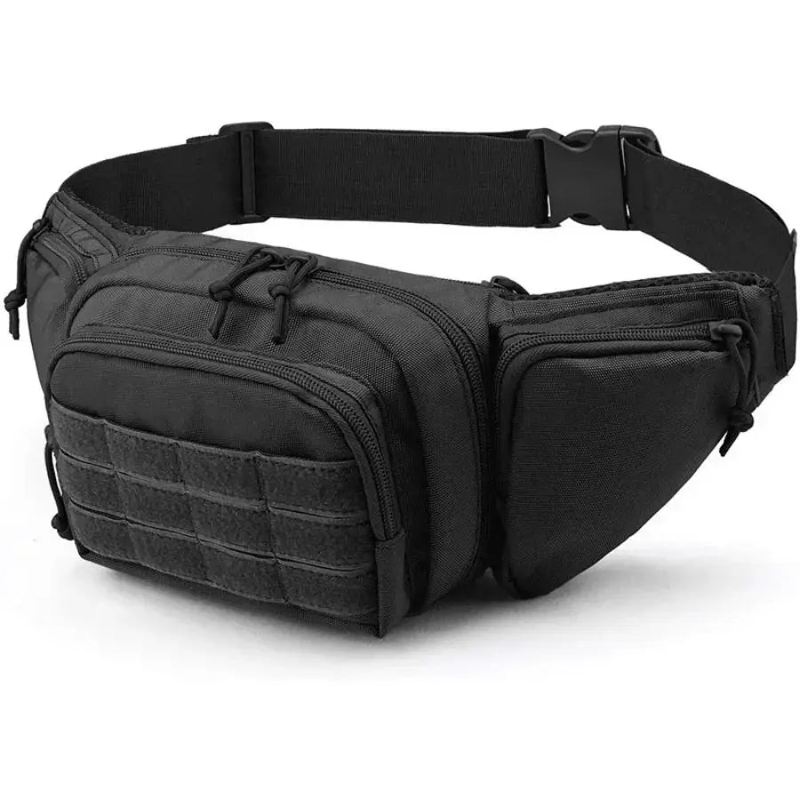 Black tactical waist pack with MOLLE front panel, multiple zip pockets and an adjustable strap.