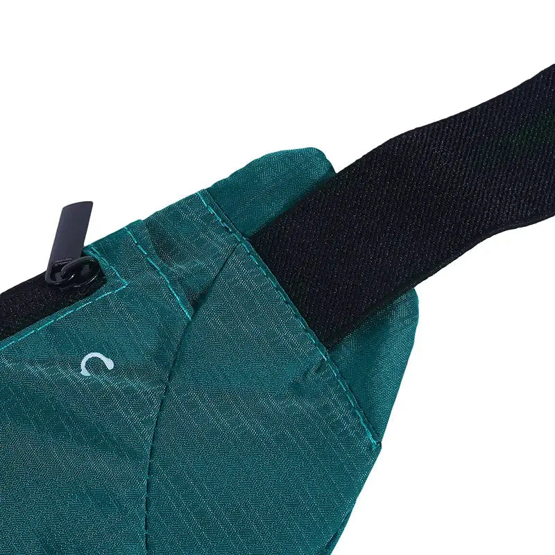 Teal waist pack fanny bag for running with black strap; lightweight, waterproof, breathable phone pouch.