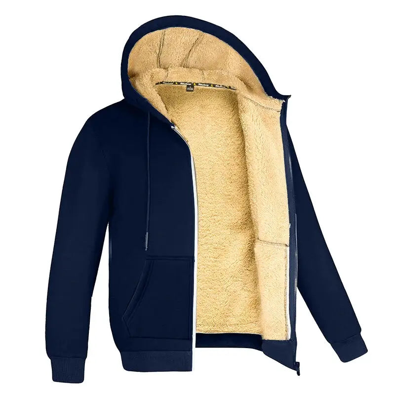 Hooded zip-up fleece jacket in navy with tan sherpa lining for unisex winter wear