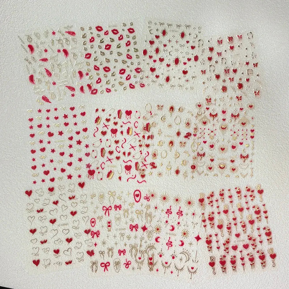 Simples Market 8pc 3D heart nail stickers set; red, pink & gold self-adhesive decals for manicure