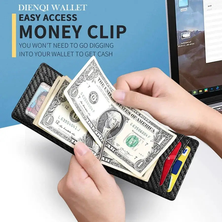 Slim synthetic leather wallet with money clip, black, with card slots and cash.