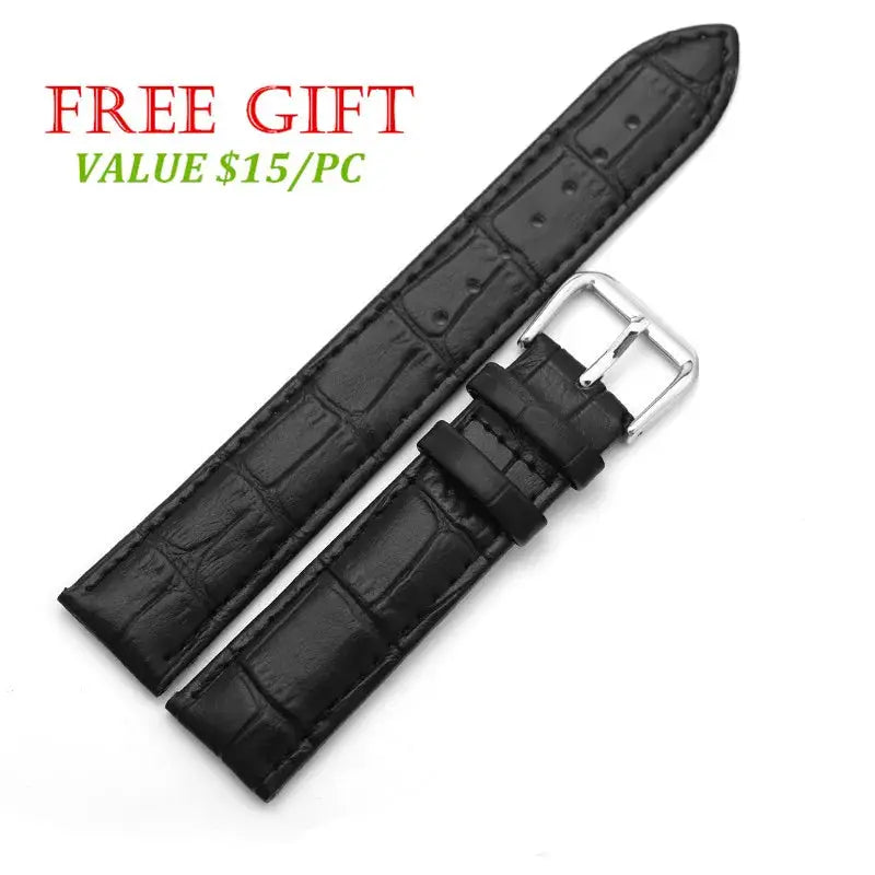 Two black leather watch straps with silver buckles for men.