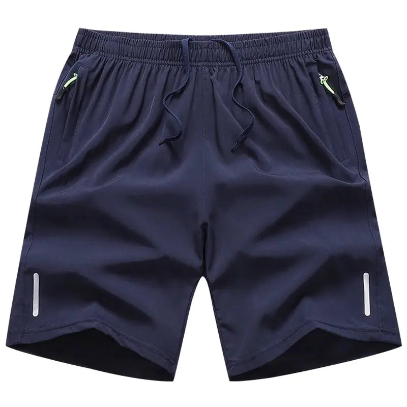 Men's navy sports shorts with drawstring waist, neon zip pockets, and reflective trim.