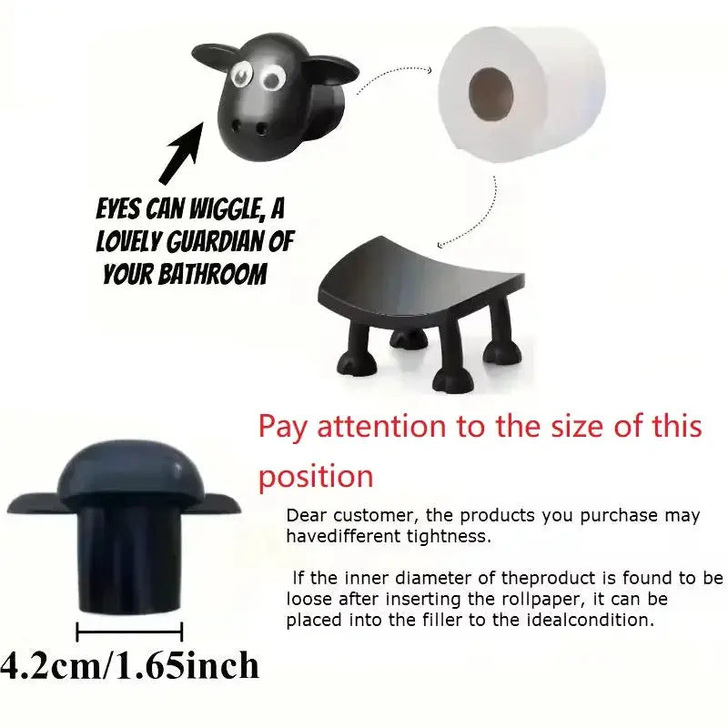 Black animal-head toilet paper holder with tissue roll, quirky bathroom decor accessory