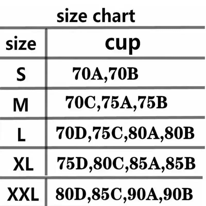 Simples Market bra size chart showing S–XXL cup sizes.