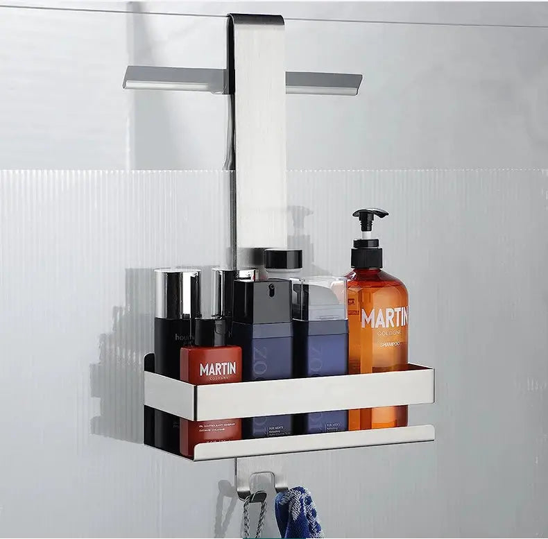 Movable bathroom shelf organizer, steel wall-mounted shower caddy in white, holds multiple Martin bottles