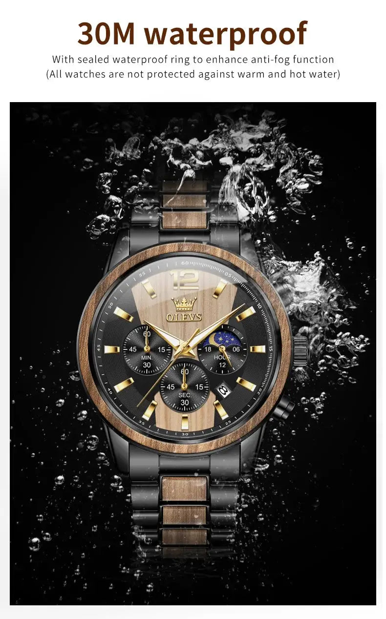 OLEVS men's wooden wristwatch with wood and black steel band, gold hands, chronograph, date window, 30M waterproof