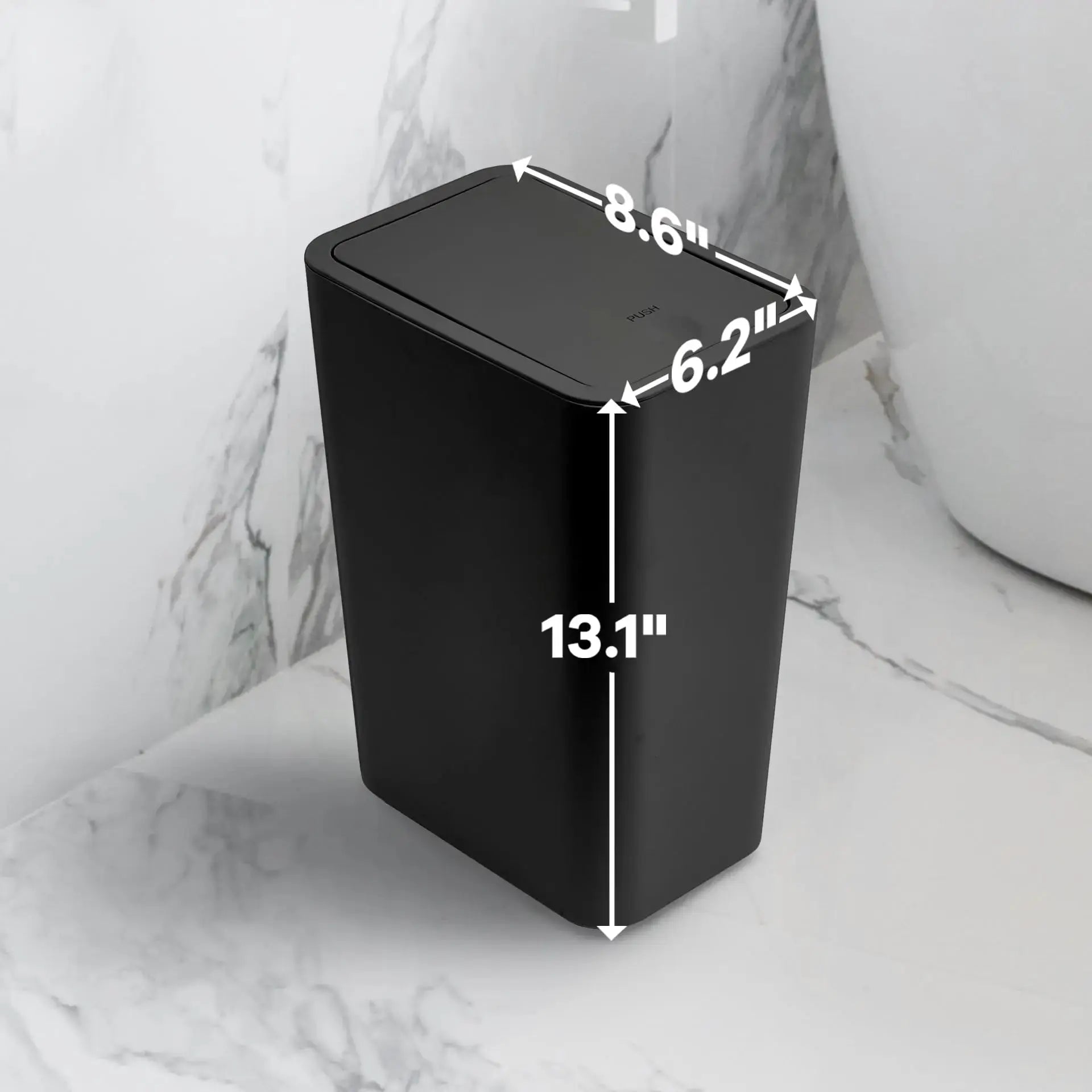 Simples Market 10L bathroom trash can with press-top lid, black plastic wastebasket.