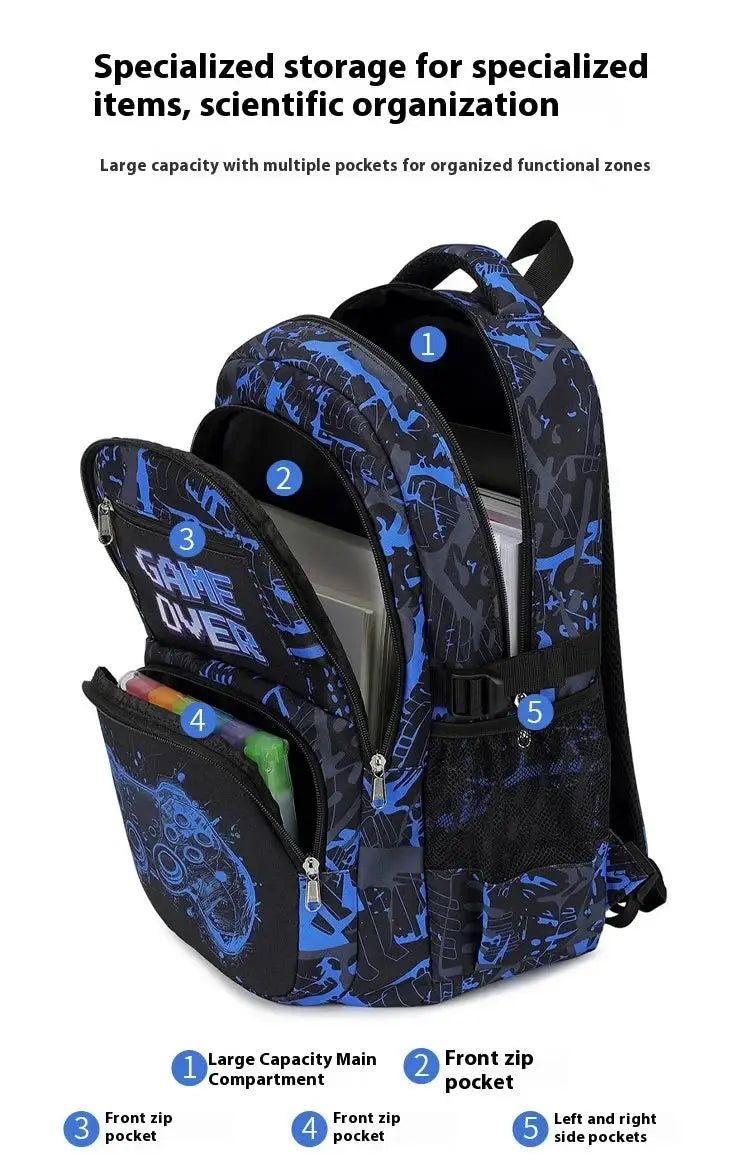 Backpack set for boys by Simples Market, blue-black camouflage 3-piece with lunch bag and pencil case