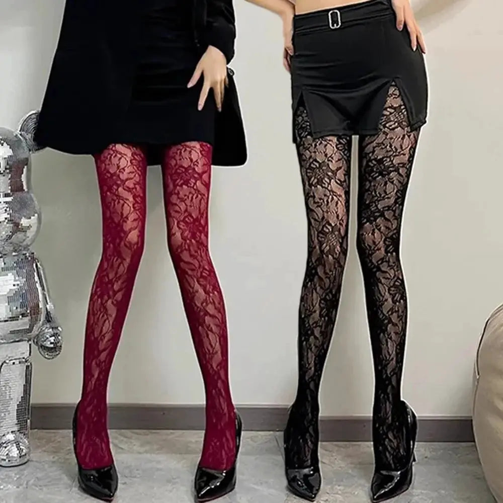 Lolita Bloom Black Flower Lace Mesh Stockings Vintage Floral Rattan Pattern Pantyhose