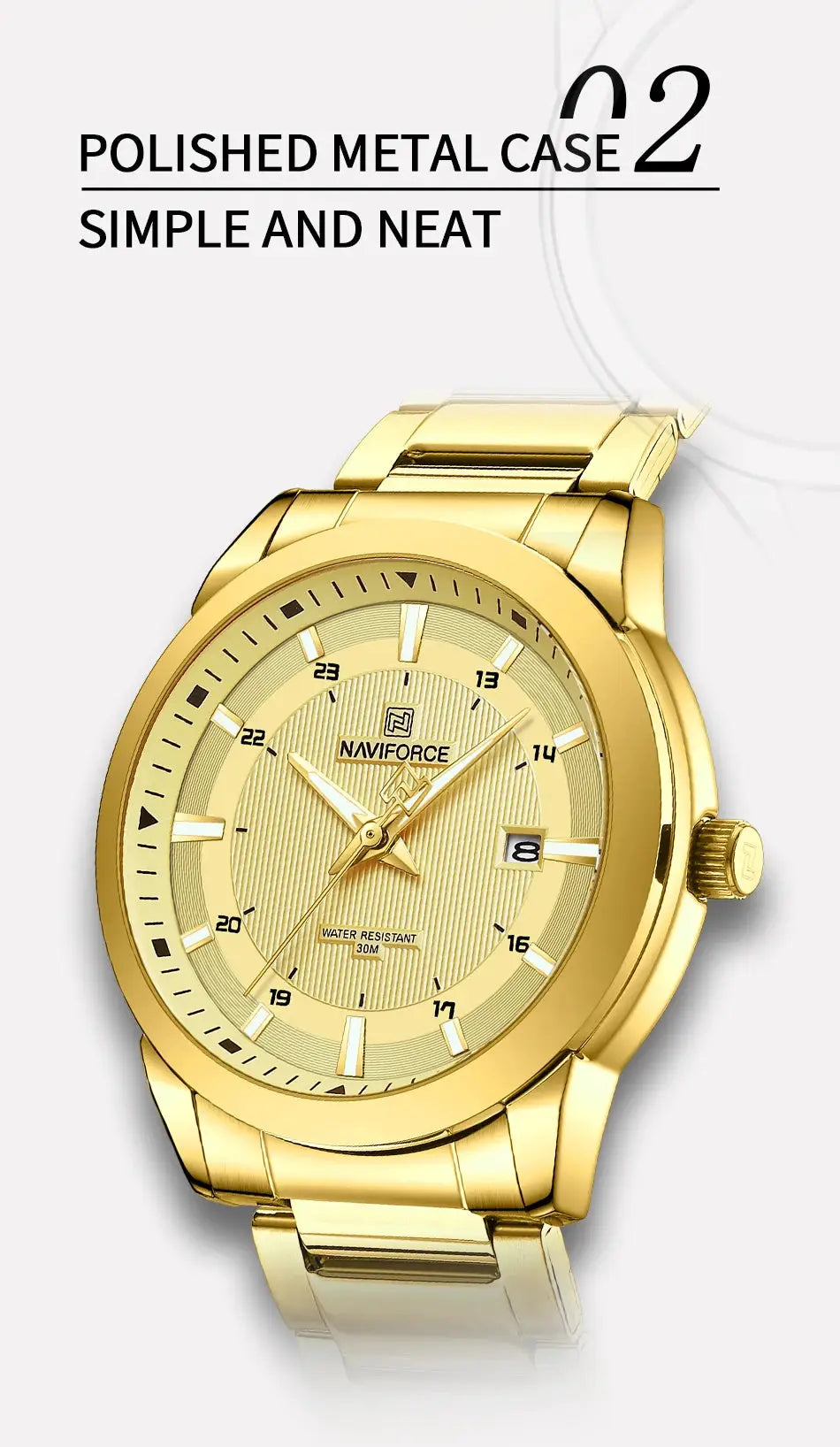 NAVIFORCE men's gold-tone stainless steel wristwatch with date window and 30m water resistance.