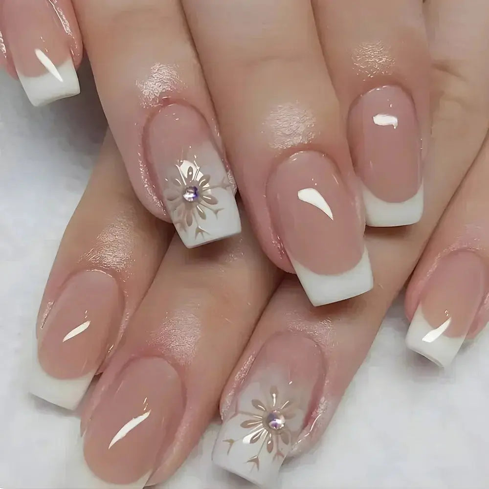 GlamNail Pro 24Pcs Short Square Coffin Press On Nails Set With Glue French Glitter Ballet Style