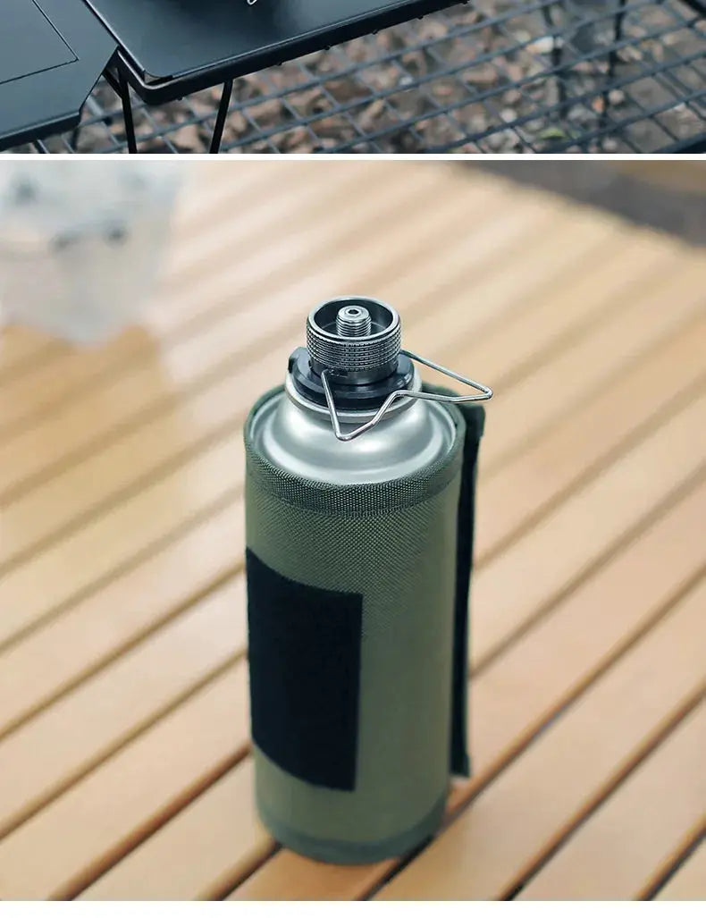 Butane adapter with green gas canister, screw valve, and bracket for camping stove