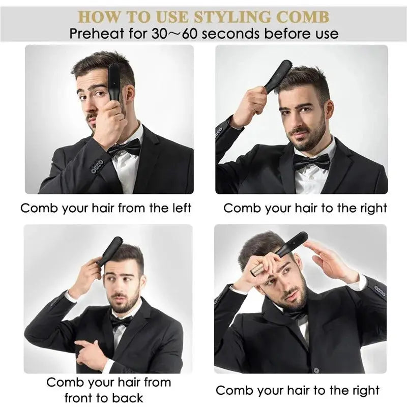 Electric hot comb straightener for beard and hair, black, four-step styling guide.
