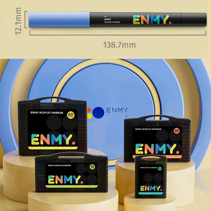 Four ENMY acrylic marker sets in black cases with colorful ENMY logo branding