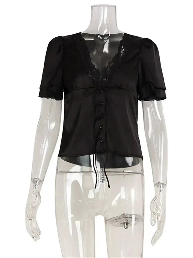 Lace Up Hollow Out Cropped V Neck T Shirt For Women Lightweight Polyester Summer Top