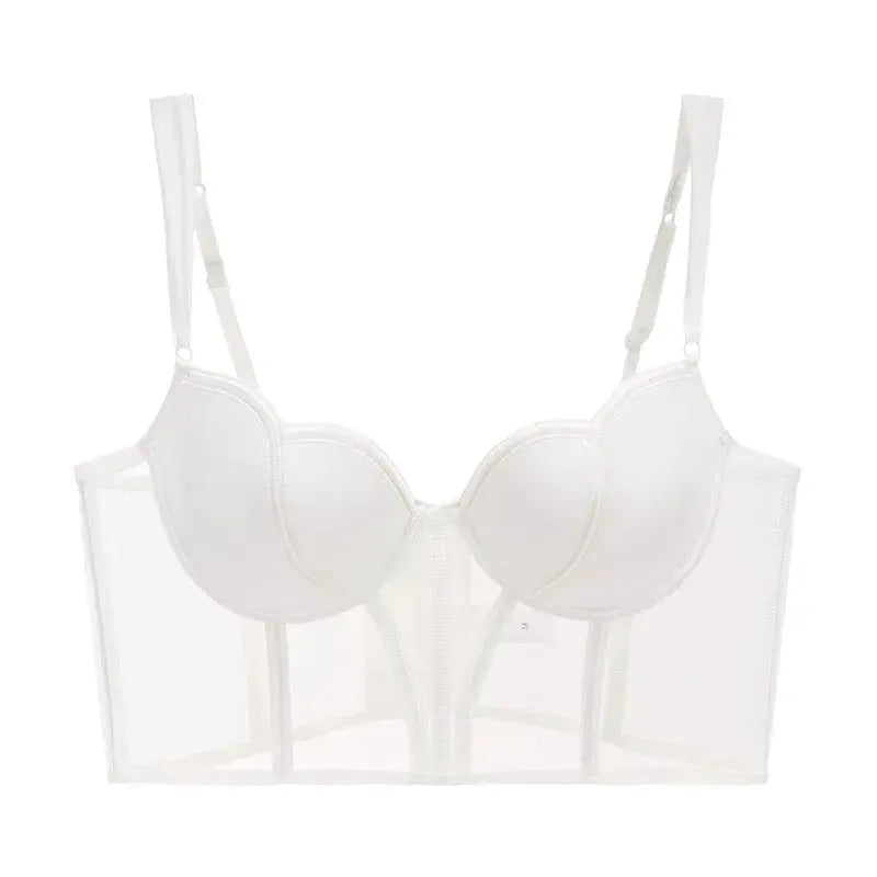 Push-up bra, white with transparent lace panels and sheer back, adjustable straps