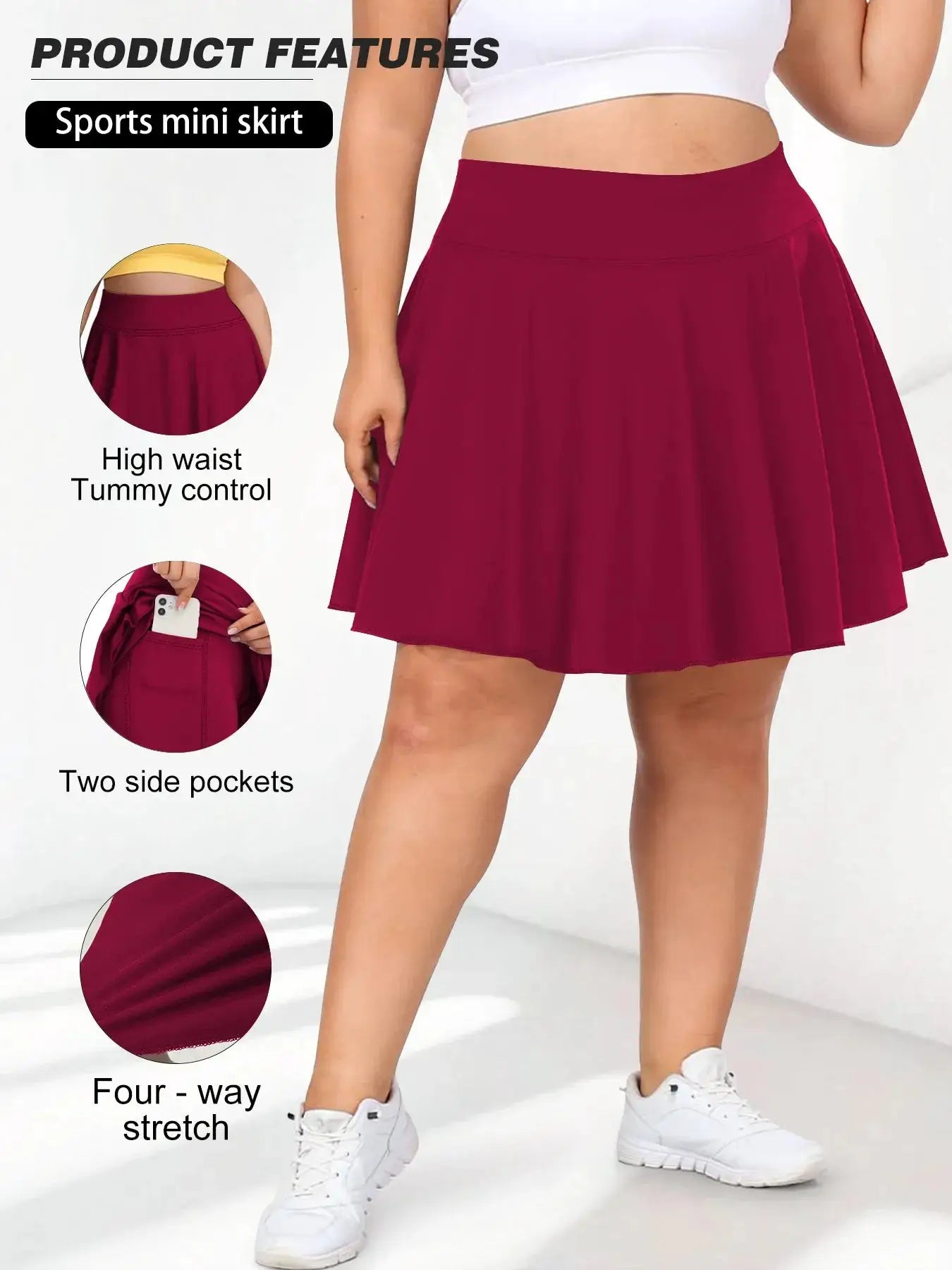 Plus-size women's pocketed fitness mini skirt, burgundy high-waist, two side pockets, four-way stretch.